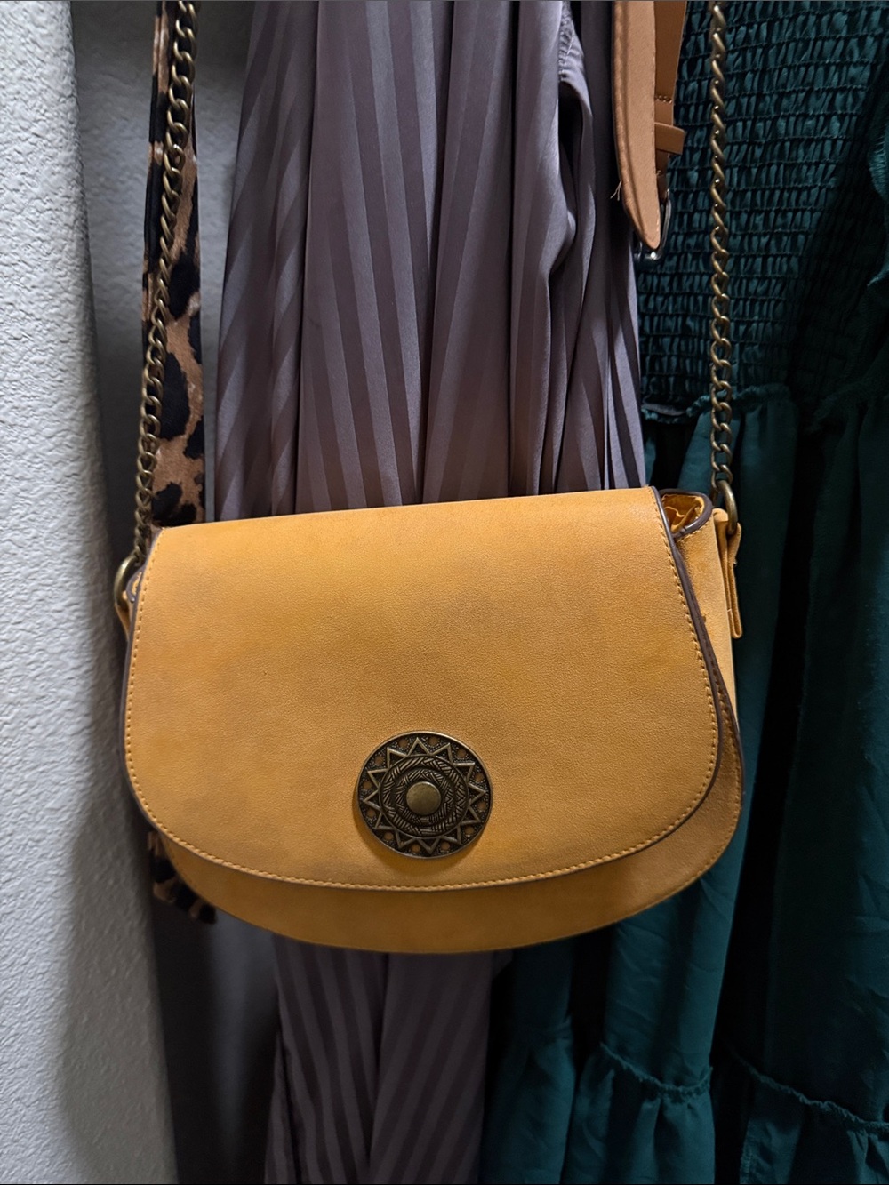 T-Shirt & Jeans Mustard Yellow Crossbody Bag with Medallion Accent